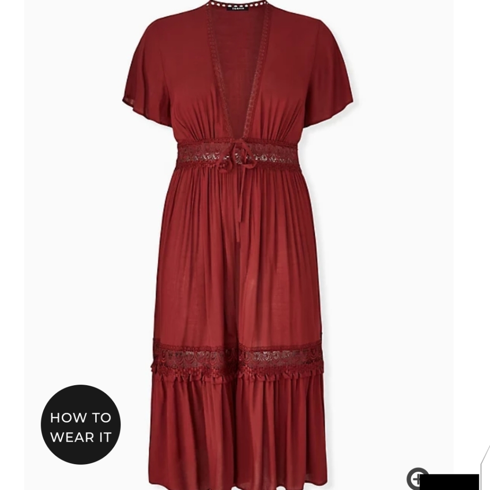 🆕 3X BRICK RED GAUZE LACE INSET DUSTER KAFTAN